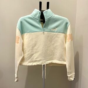 Puma Women's Teal and Cream Half-Zip Sweatshirt - Size Medium